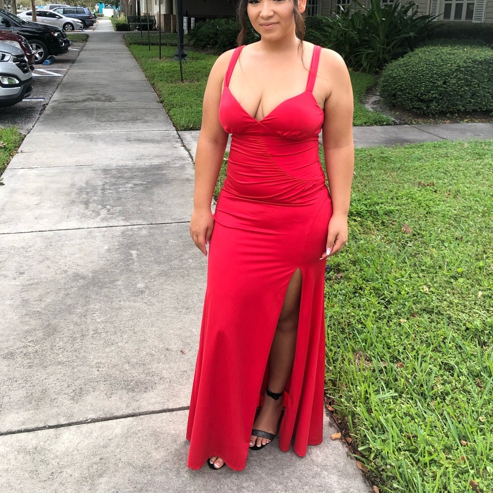 Long split red dress
